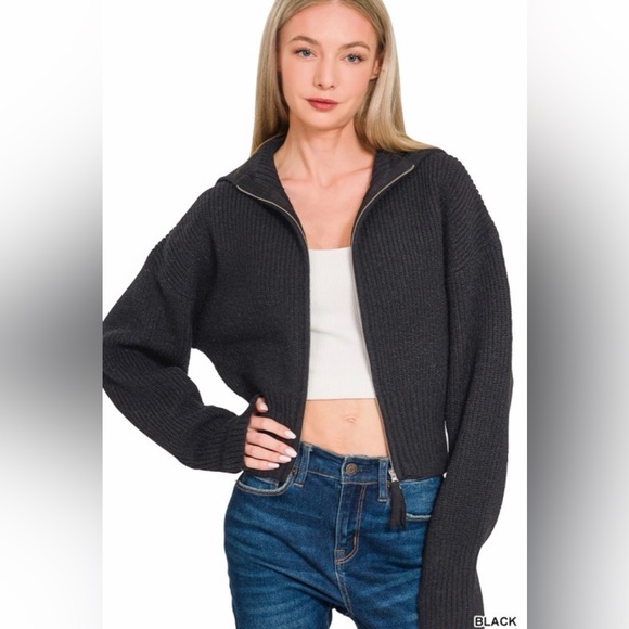 Sand Beige Ribbed Double Zip-Up Collared Sweater - Picture 3 of 3